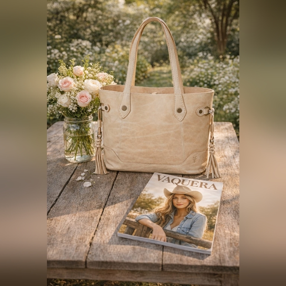 Frye Cream Leather Tote Bag with Tassel Accents